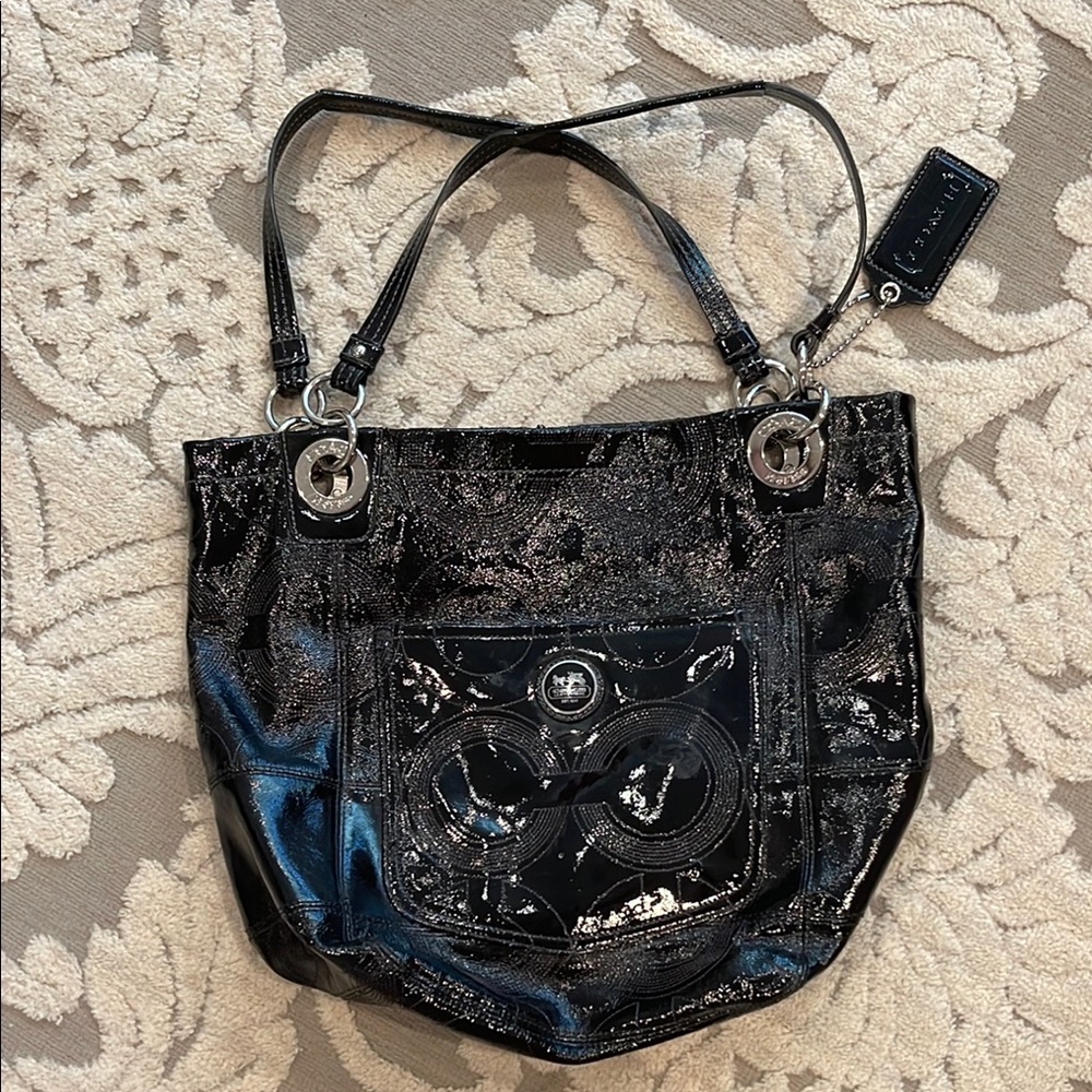 Coach Black Tote Bag with Glossy Finish and Silver Hardware